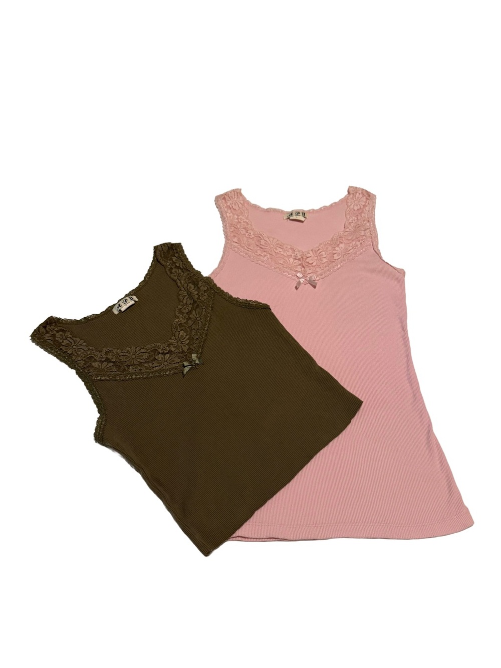 Lace Trim Ribbed Tank Tops - Pink & Olive‎ L